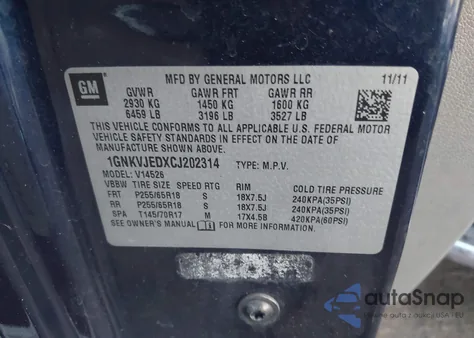 2012 Chevrolet Traverse 2Lt z USA, uszkodzony, nr VIN 1GNKVJEDXCJ202314